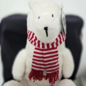 Festive White Bear with Striped Red Scarf